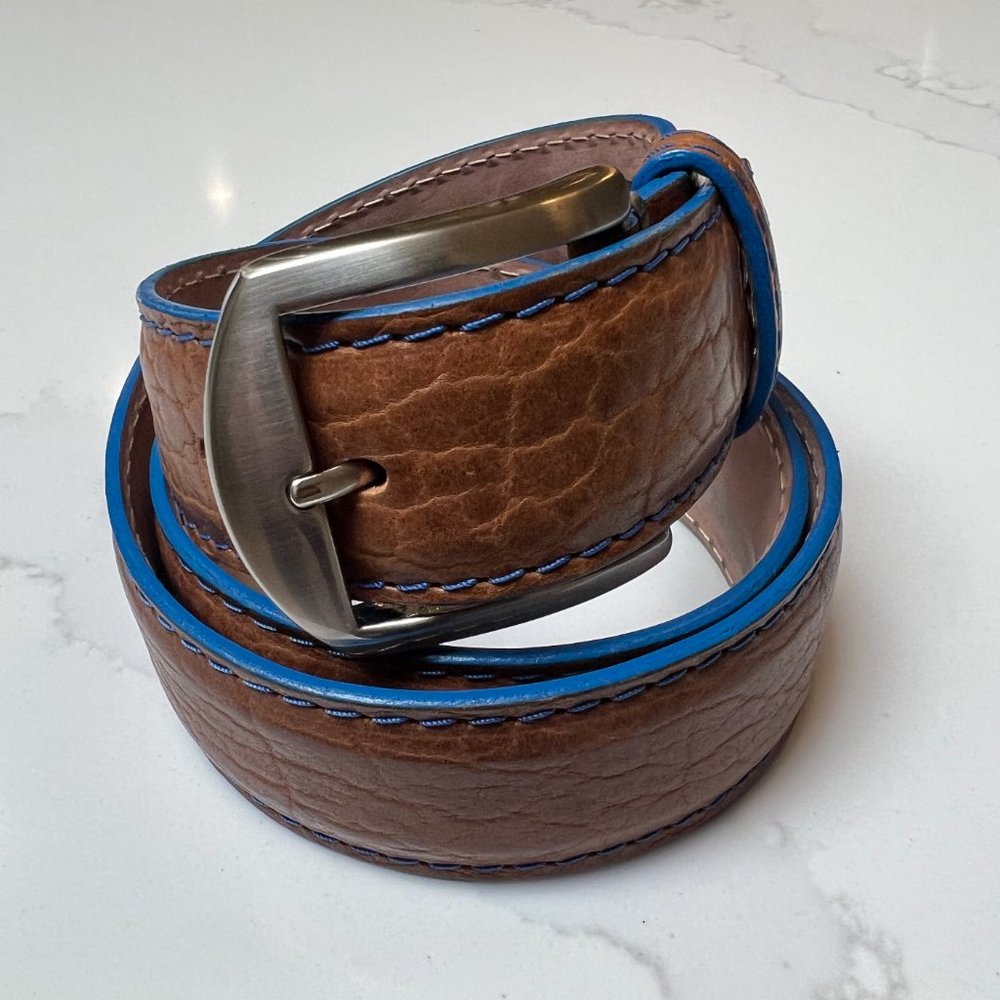 Men's L.E.N. Belt - American Bison - Cognac w/ Denim Edge & Border Stitch 32